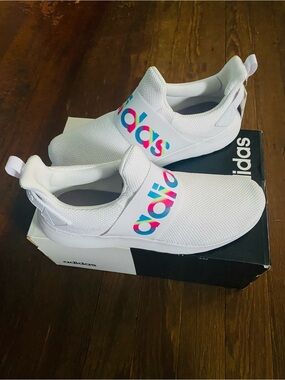 Women’s Adidas White Slip-On Trainer Sneakers with Multicolor Logo. Girls Adidas